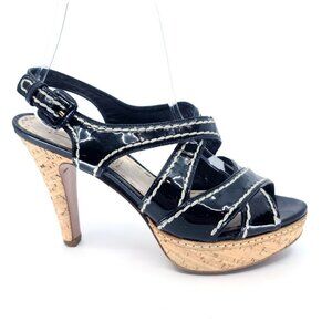 Prada Vintage Black PVC Crossover White Stitch Cork Platform Sandals Size 37